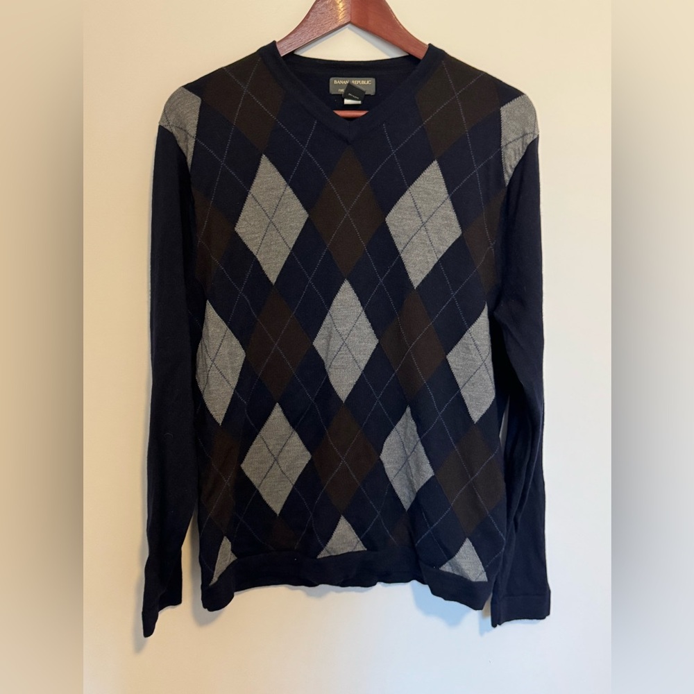 Banana Republic Sweater Mens 100% Merino Wool Sz M Navy Diamond Preppy Acadamia